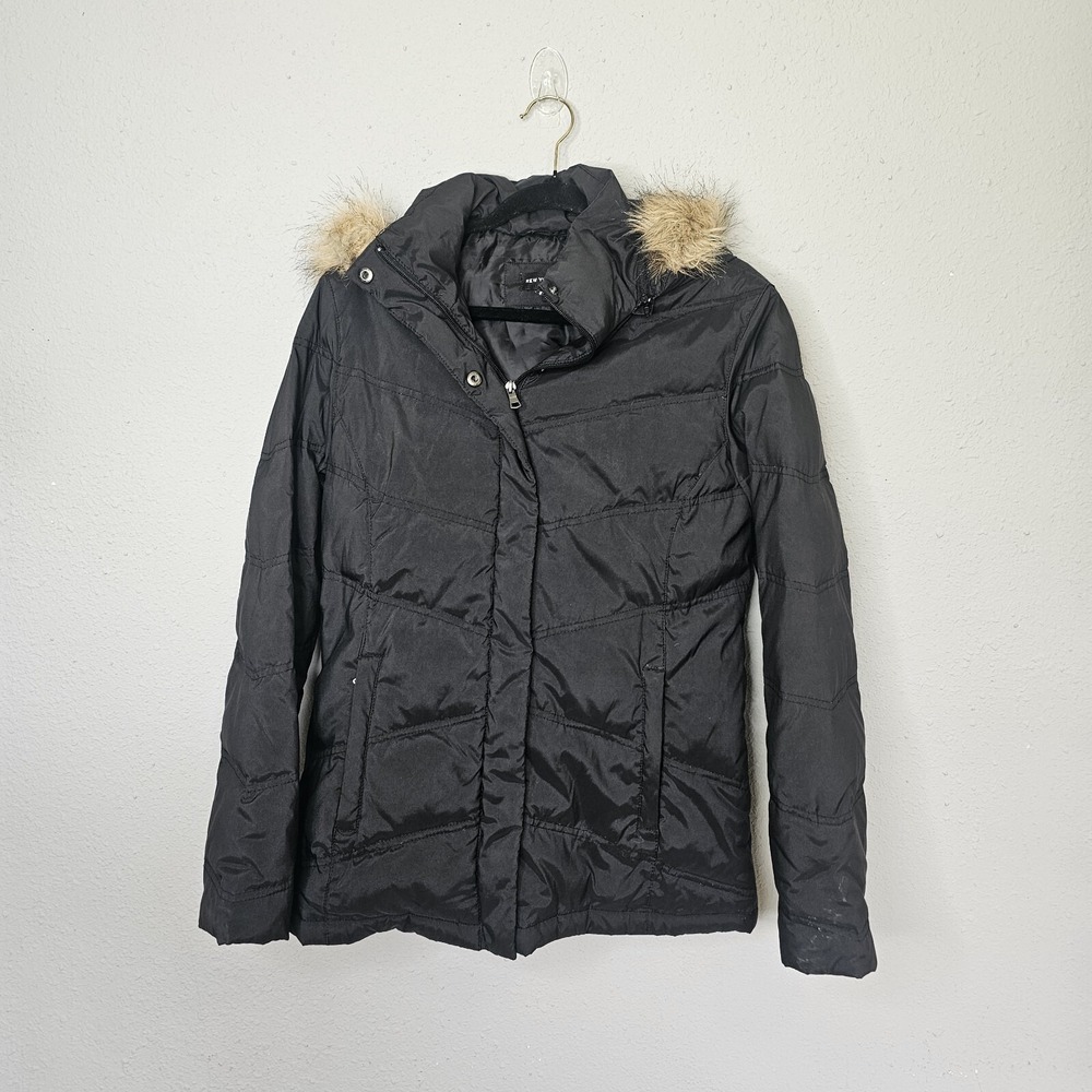 New York & Co Womens Winter Coat Faux Fur Trim Hood Puffer Down Black Tan Size M